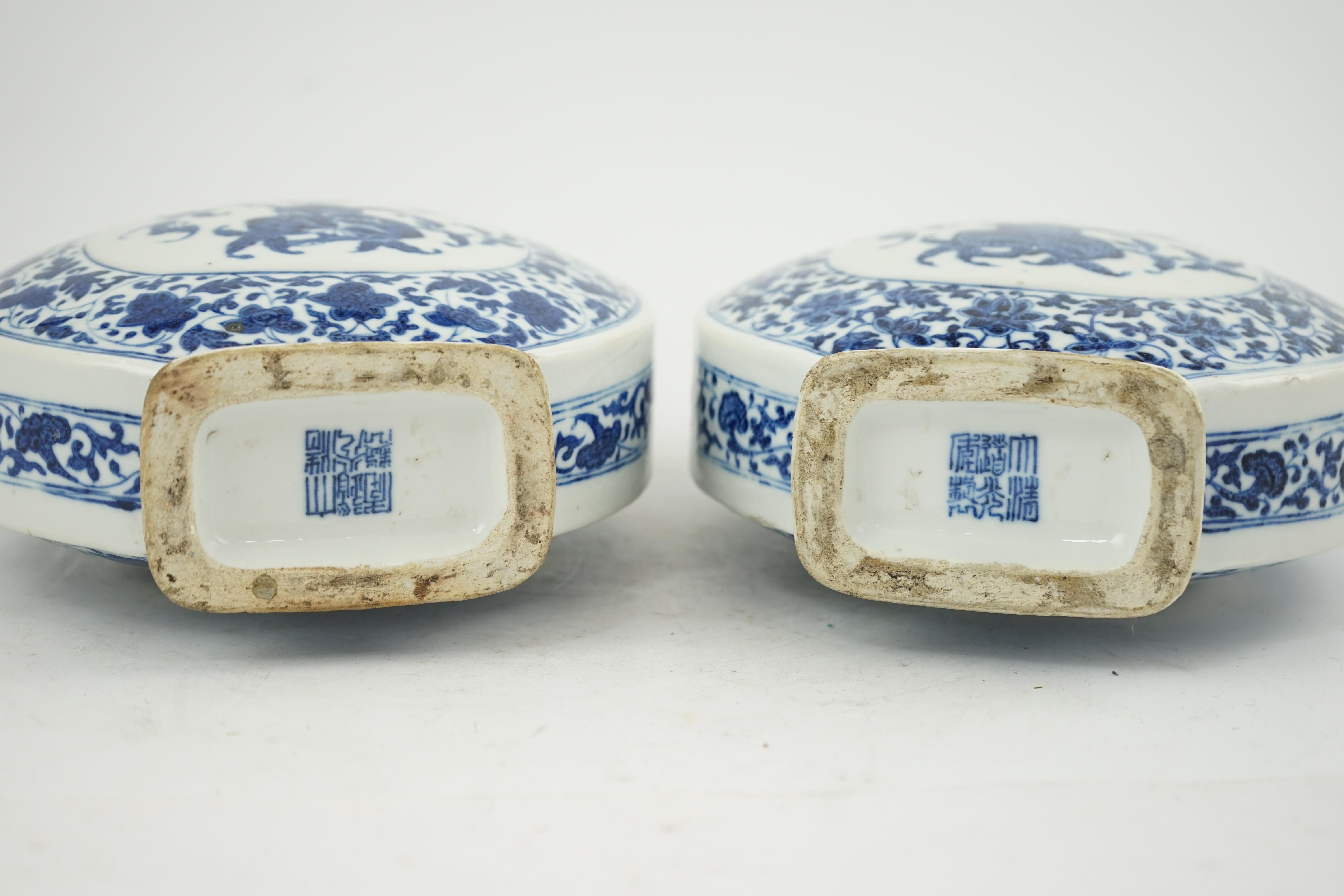 A near pair of Chinese blue and white moonflasks, bianhu, Daoguang seal marks and of the period (1821-50)